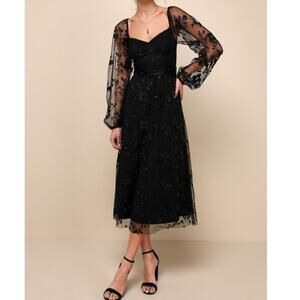 NEW Lulus Darling Charisma Black Mesh Embroidered Balloon Sleeves Midi Dress XS